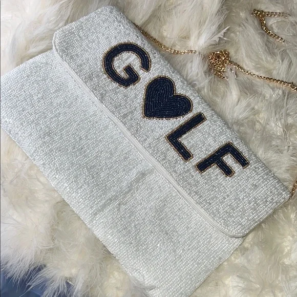 GOLF WIFEY New White & Blue Beaded Clutch Golfers Resort Country Club Vacation - Picture 14 of 16